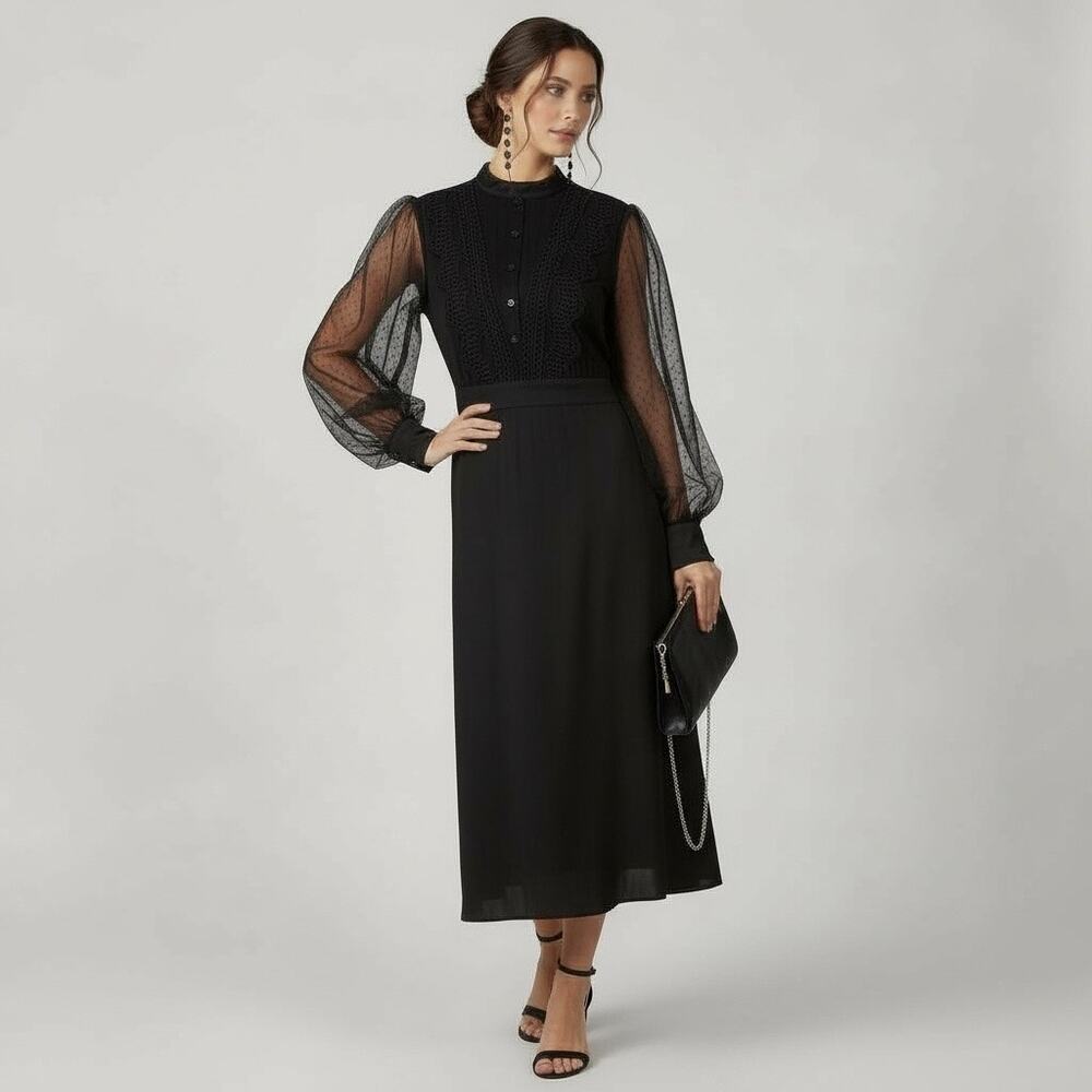 Burryco Black Sheer Long Sleeves Special Occasion Lace Trim Midi Dress XL/10 NWT